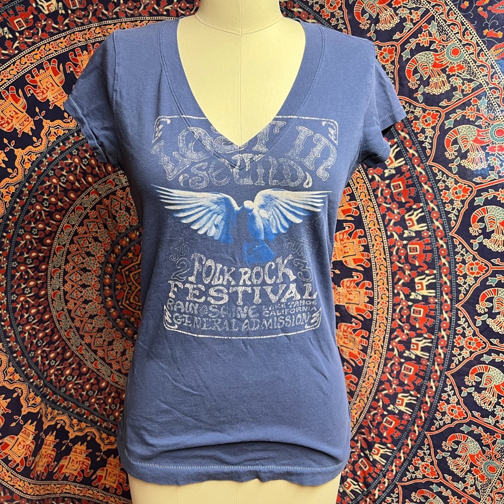 Medium Gap Blue V neck top retro styling “folk rock festival” shirt